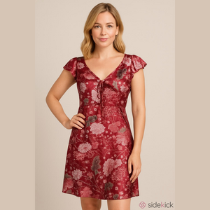 Mon Petit Oiseau red silk floral flutter sleeve dress